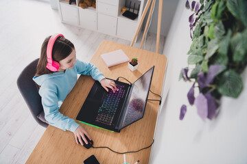 Wall Mural - Photo of cheerful pretty girl addicted gamer sitting table computer screen modern technology indoors