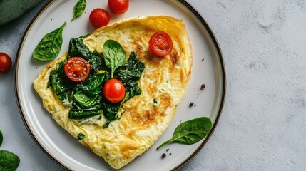 Wall Mural - A flat lay of a breakfast plate with a perfectly cooked omelet filled with cheese, spinach, and cherry tomatoes.