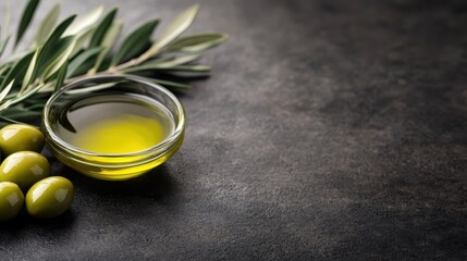 A glass bowl filled with golden olive oil is placed next to a few green olives and fresh olive branches with leaves, all on a dark, textured background.