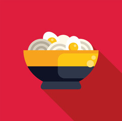 Poster - Steaming bowl of ramen noodles with eggs, served in a traditional japanese bowl, is depicted in a flat design style