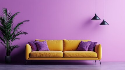 A yellow sofa with contrasting purple pillows is set against a purple wall. The décor includes modern hanging lights and a green plant adding to the contemporary style.