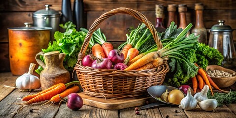 Wall Mural - Organic root vegetables in a harvest basket with cooking ingredients, greens, and kitchen tools on a rustic kitchen table