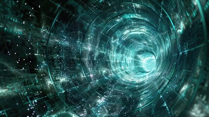 Wall Mural - A mesmerizing digital tunnel that depicts a journey through space and time, filled with glowing particles and vibrant colors.