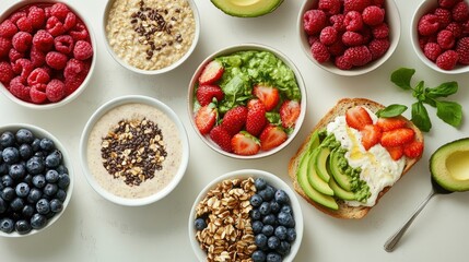 A variety of healthy breakfast options, including smoothie bowls, oatmeal, fresh berries, and avocado toast, set on a bright kitchen counter.