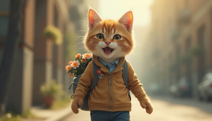 Cute ginger kitten going to school