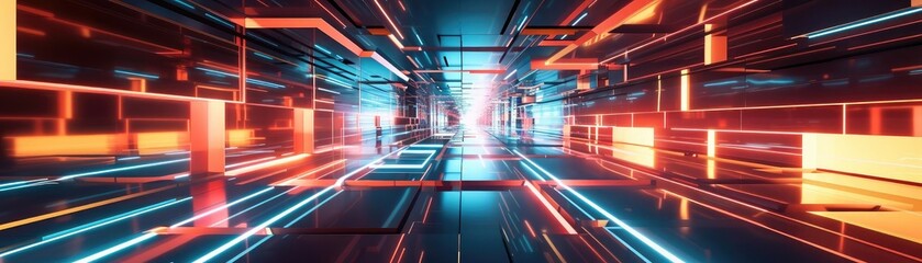 Wall Mural - Futuristic digital corridor with glowing lines and vibrant colors, ideal for technology and innovation themes.