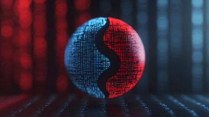 Poster - A digital sphere with a split design showcasing red and blue textures, symbolizing technology and binary elements.
