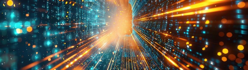 Poster - Dynamic light trails create vibrant motion effects, illustrating speed and energy in a digital landscape. Perfect for tech visuals.
