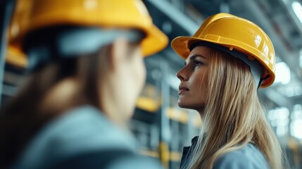 Two individuals wearing yellow hardhats engaging in a conversation, captured within an industrial or construction setting, highlighting teamwork and safety protocols.