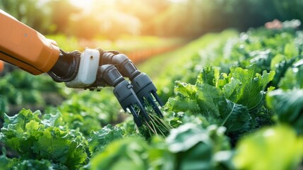 Poster - Robotic arm harvesting vegetables in a smart farm, highlighting the integration of technology and agriculture for efficient crop production.