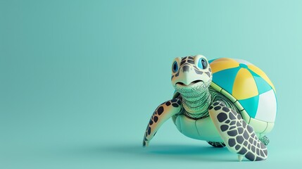 Wall Mural - A cartoon turtle with a beach ball on its back on a turquoise background.