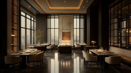 Wall Mural - Modern Restaurant Interior with City View and Marble Floor