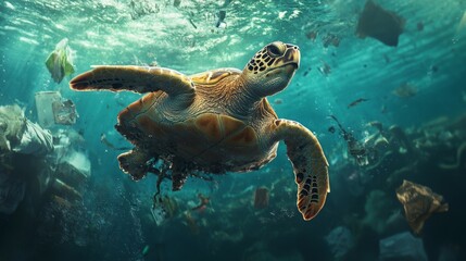 hyperrealistic close-up of sea turtles swimming just below a trash-strewn sea surface with floating 
