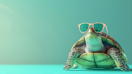 Wall Mural - A cool turtle wearing sunglasses on a teal background.