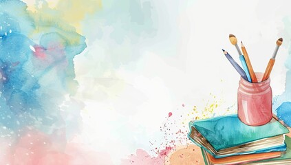 Watercolor art desk with stationery and pastel background