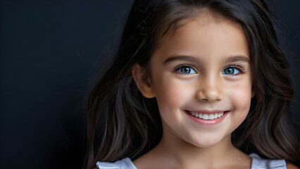 Wall Mural - portrait of smiling little girl looking at camera isolated on black background