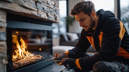 Technician Repairing Gas Fireplace in Modern Home