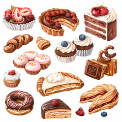 Various of sweets and desserts set and collection. chocolate cake, cupcakes, red velvet cake, apple pie, macarons, pretzel, donut, pastries, muffin, cookies, croissant. Bakery sweets isolated on white