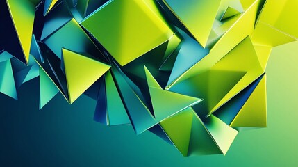 Geometric 3D triangular background. Abstract three-dimensional triangular lime green and metallic blue banner