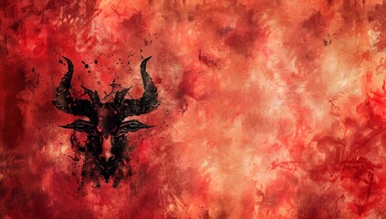 Wall Mural - Red abstract watercolor background with tribal bull skull illustration