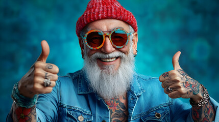 Sticker - A cheerful elderly man with tattoos, wearing a red beanie and sunglasses.