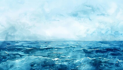 Watercolor ocean scene with blue waves and soft horizon