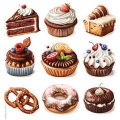 Various of sweets and desserts set and collection. chocolate cake, cupcakes, red velvet cake, apple pie, macarons, pretzel, donut, pastries, muffin, cookies, croissant. Bakery sweets isolated on white