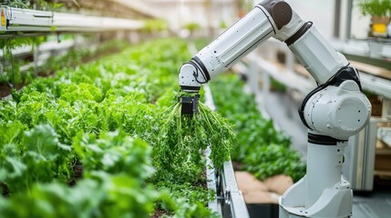 Poster - Smart farm with a robotic arm harvesting vegetables, emphasizing technology's role in modern farming and sustainable agriculture.