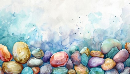 Wall Mural - Watercolor illustration of colorful smooth stones in a natural setting