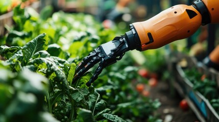 Poster - Smart farm with a robotic arm harvesting vegetables, emphasizing technology's role in modern farming and sustainable agriculture.