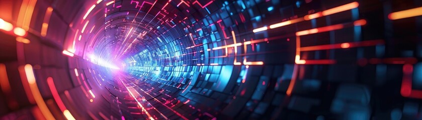 Poster - A vibrant digital tunnel with beams of colorful light, conveying a sense of motion and depth in a futuristic landscape.