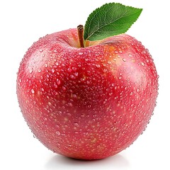 Poster - Juicy Red Apple Photo with Water Droplets and Leaf