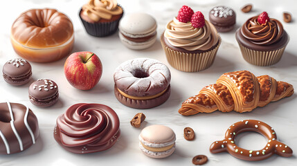 Various of sweets and desserts set and collection. chocolate cake, cupcakes, red velvet cake, apple pie, macarons, pretzel, donut, pastries, muffin, cookies, croissant. Bakery sweets isolated on white