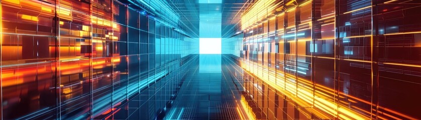 Poster - Vibrant digital corridor illuminated by colorful lights, creating a futuristic and dynamic atmosphere for technology and innovation.