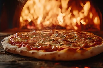 Wall Mural - Freshly Baked Pizza with Bacon and Herbs Photo