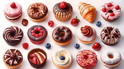 Various of sweets and desserts set and collection. chocolate cake, cupcakes, red velvet cake, apple pie, macarons, pretzel, donut, pastries, muffin, cookies, croissant. Bakery sweets isolated on white