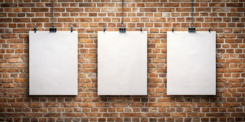 Three blank paper sheets displayed with clips on a textured brick wall background