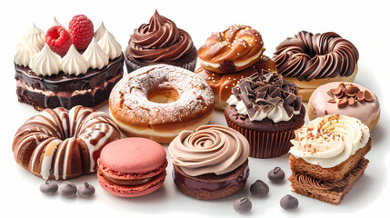 Various of sweets and desserts set and collection. chocolate cake, cupcakes, red velvet cake, apple pie, macarons, pretzel, donut, pastries, muffin, cookies, croissant. Bakery sweets isolated on white