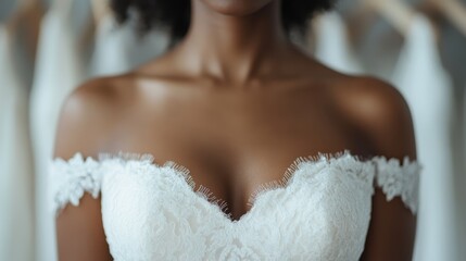 A close-up view of a bride in a lace strapless wedding dress on her big day, capturing the beautiful design and texture of the gown as she prepares for the ceremony.