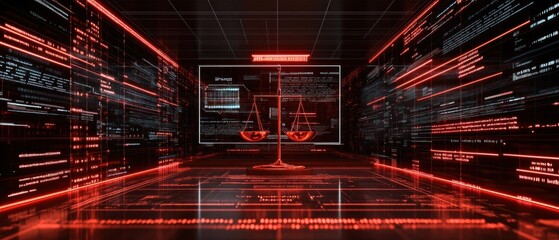 Digital Scales of Justice in Red Neon Lit Room with Code