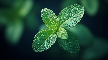 Wall Mural - Vibrant Green Mint Leaves Photo - Close-Up View