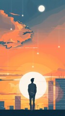 Wall Mural - A man stands in front of a large sun, looking up at the sky