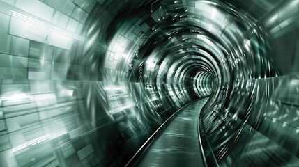 Wall Mural - Futuristic tunnel with a sleek design, showcasing swirling lights and reflections. An abstract journey into digital space.