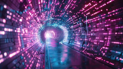 Wall Mural - Futuristic tunnel with colorful lights creating a mesmerizing effect, symbolizing speed and technology in a digital world.