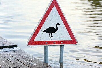 A warning sign featuring a duck silhouette near a tranquil water body. Perfect for nature and wildlife illustrations.