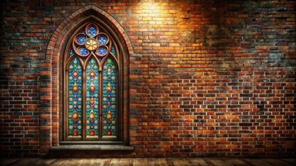 Gothic brick wall with ornate stained glass window, perfect for a spooky or historical setting