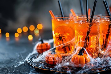 Spooky halloween orange drinks with pumpkins