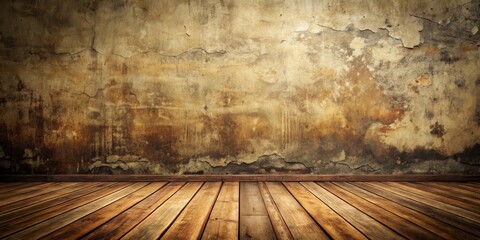 A grunge wall with a wooden plank floor, ideal for backgrounds in photography and design projects