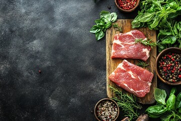 Raw pork meat on a wooden cutting board with fresh herbs and spices on a dark textured surface, meal preparation concept