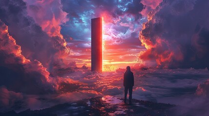  a man looking at the monolith that floating in the sky, digital art style, illustration painting